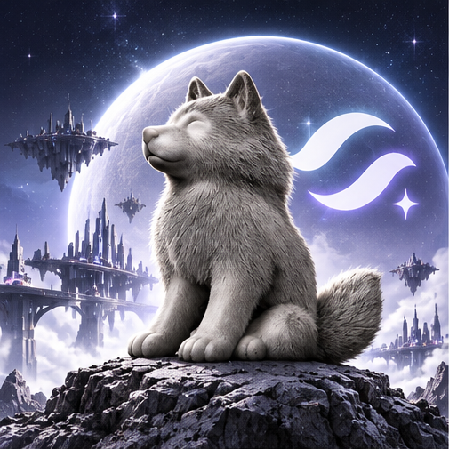 Starknet Inu sitting atop cosmic mountains