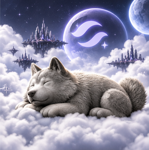Starknet Inu dreaming in celestial clouds