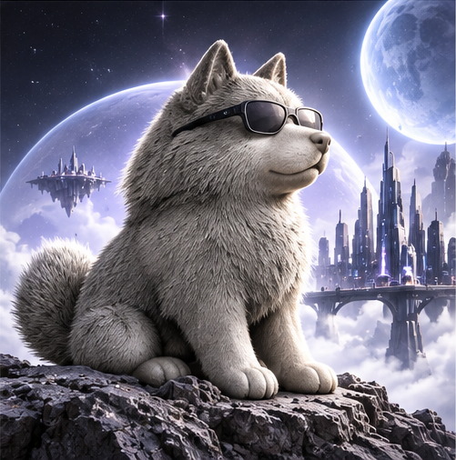 Starknet Inu wearing sunglasses above a futuristic cosmic city