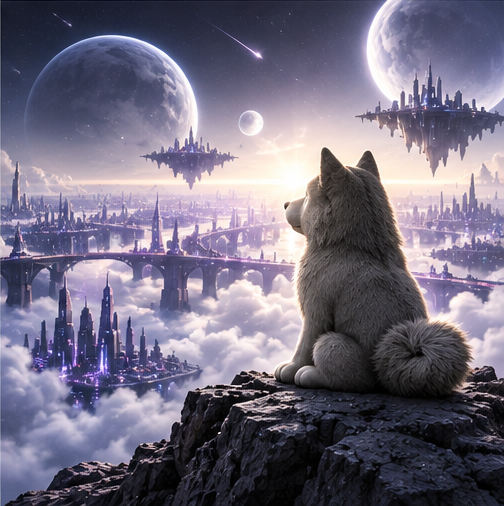 Starknet Inu looking toward distant cosmic cities and new horizons